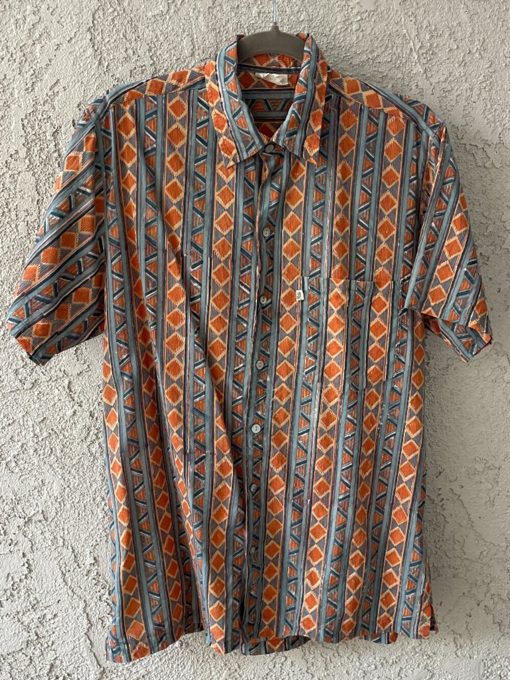 Vintage 90s Anokhi Block Print Cotton Short Sleeve Button Down Shirt Small